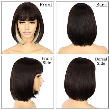 SAPPHIREWIGS Short Bob Wig with Bangs,Straight Bob Wigs for Women Brown Highlight Blonde Hair,Natural Looking Heat Resistant Synthetic Fiber for Girls 14inch