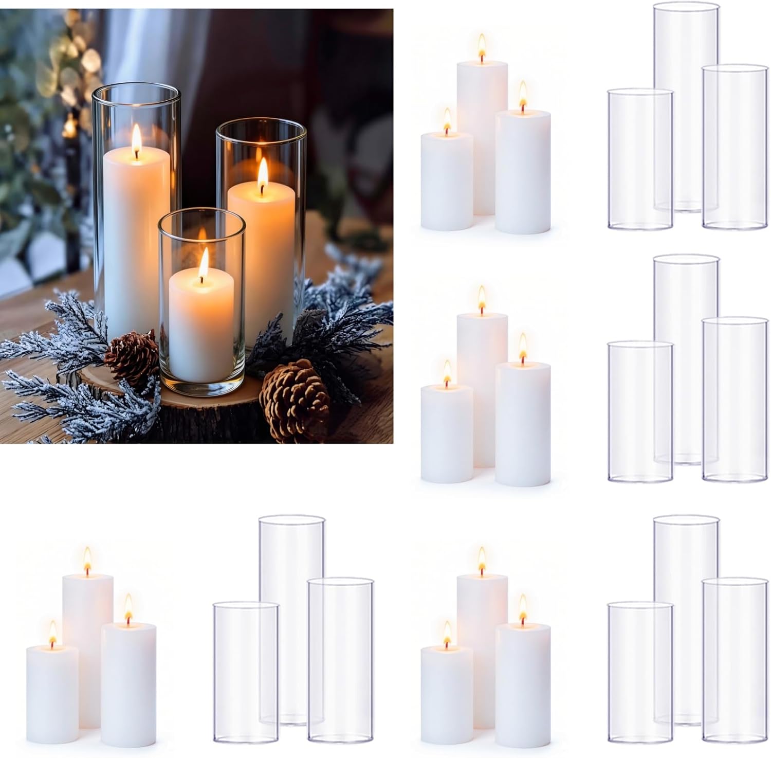 24 Pcs White Pillar Candles and Glass Candle Holders Cylinder Candle Vases for Pillar Candles Hurricane Candle Holders Set for Wedding Party, Event, Home Office Decor