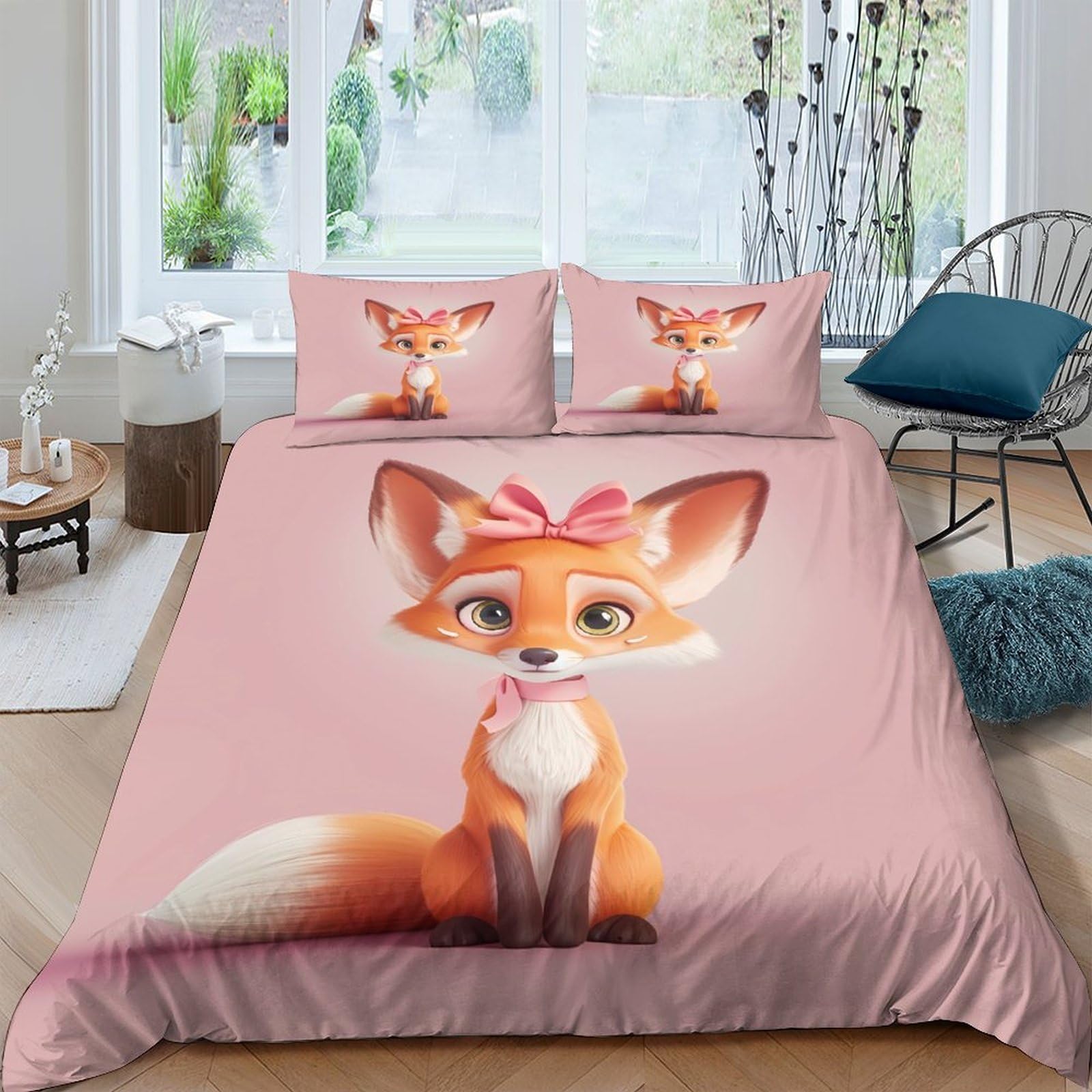 Ctjqhvkz Style-4 3D Printed Cute Fox Pink Fitted Sheet Microfiber Soft Breathable Cartoon Animal Mattress Cover For Bedroom Guest Room Easy Care Single（135X200cm）