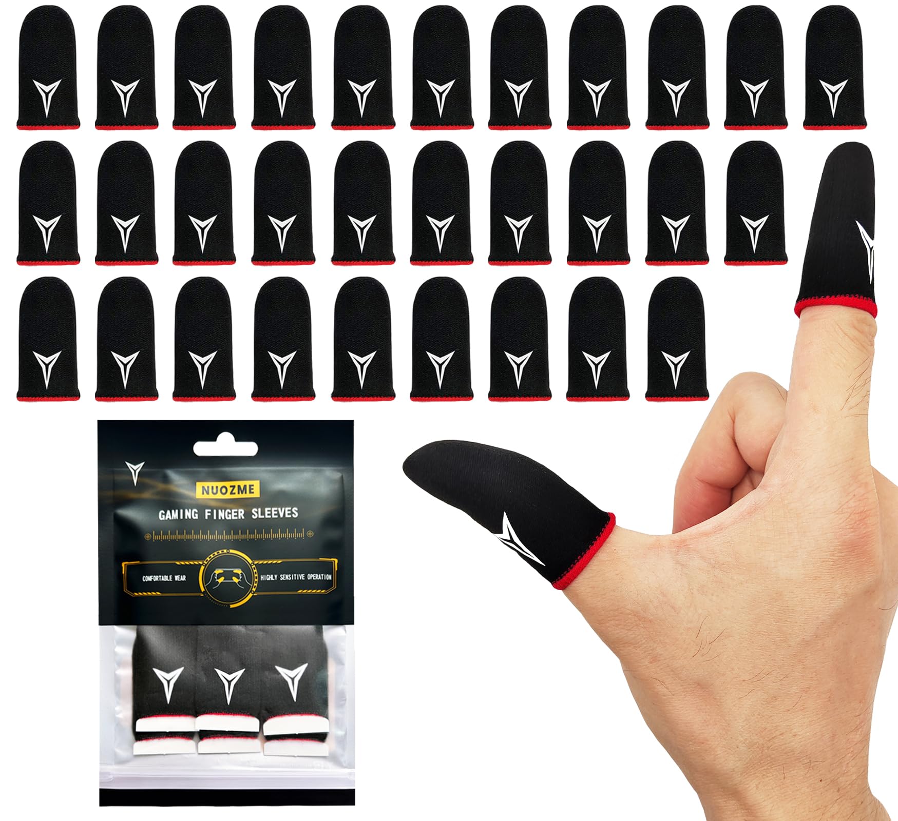30 PCS Mobile Phone Gaming Finger Sleeves, Nuozme Finger Sleeves Compatible with All Touchscreen Devices, 0.15mm Superconducting Nanofibers, Smooth Feel, Anti-Sweat, Extremely Thin, Red Edge