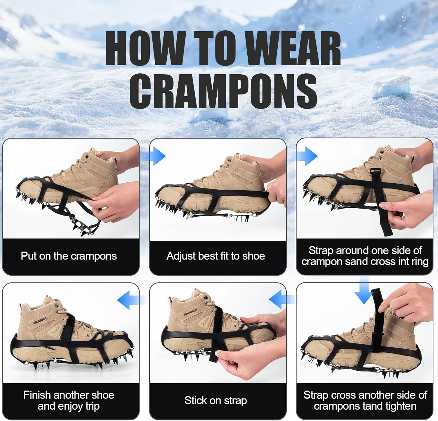 Crampons for Shoes Boots, 18 Spikes Ice Cleats for Women Men, Traction Ice Snow Grip with Alloy Steel Spikes, Heavy Duty Anti-Slip Safe Protect for Walking Hiking Fishing Climbing Shoveling