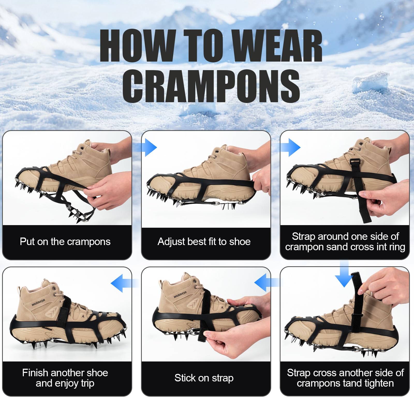 Ramponi per scarpe e stivali, 18 tacchetti da ghiaccio per donne e uomini, presa su ghiaccio e neve con punte in lega di acciaio, resistenti, antiscivolo, sicuri, proteggono per passeggiate