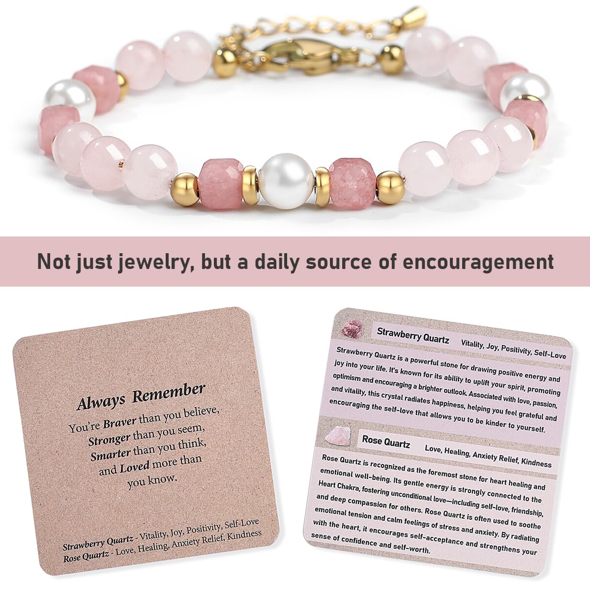 Quietsun Trendy Gifts for Her-Positive/Love/Joy Natural Crystal Bracelets for Girls/Teens/Adults-Adjustable/Handmade-Gift Box Packing - Image 2