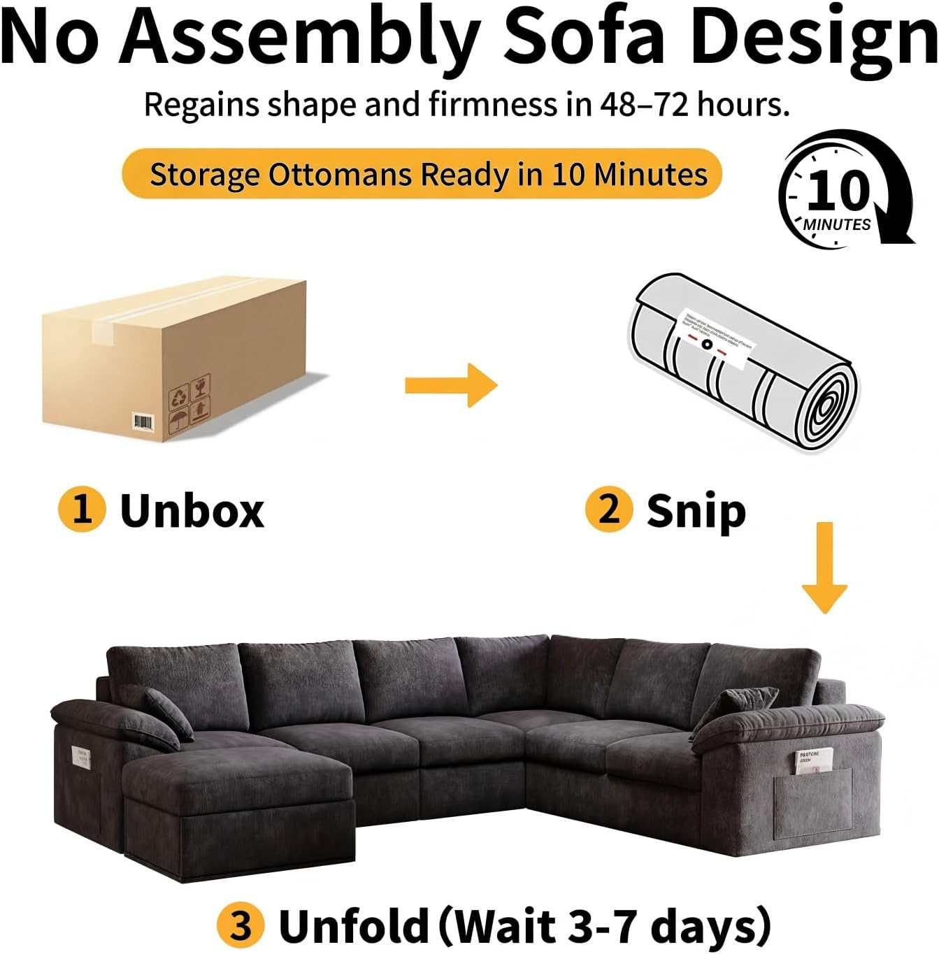 88.6" Boneless Cloud Sectional Couch for Living Room, Compressed Modular L-Shaped Sofa with Storage Ottoman, Frameless Chenille Couch in Boxes, 5-Seater (Gray)