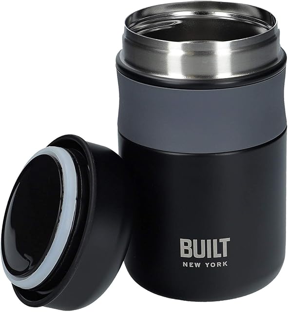 BUILT Double Wall Vacuum Insulated Food Flask for Hot and Cold Foods, Stainless Steel, Black, 473 ml