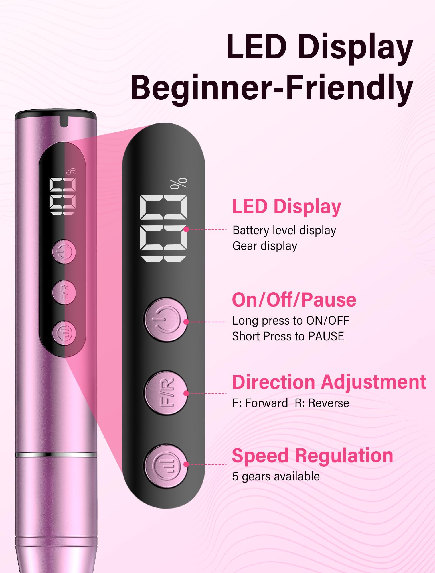 Torno para Uñas,35000RPM Torno para Uñas Profesional,Lima Eléctricas Uñas sin Cable, Velocidad Ajustable, Recargable por USB, para Salón DIY,Manicura y Pedicura