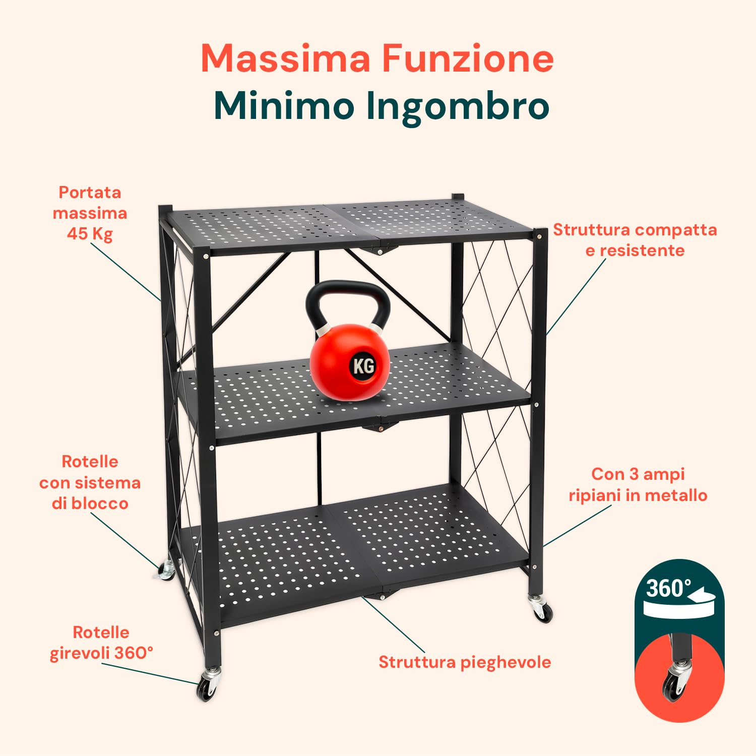 Avilia - Scaffale Richiudibile 3 Ripiani in Metallo Verniciato Nero, Stile Industriale Moderno, Pieghevole Senza Viti, Ideale per Casa, Ufficio, Cucina e Garage