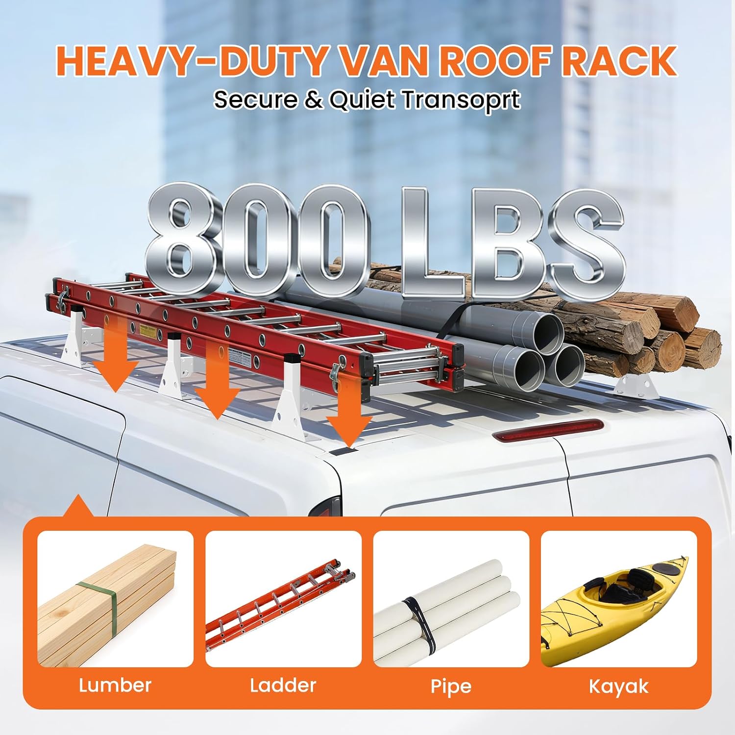 Ladder Rack for Van Fits for Ford Transit Connect 2014-On,Roof Rack for Cargo Van No‑Drill Required (Not Fit for Full-Size Ford Transit),3 Crossbars,800lbs