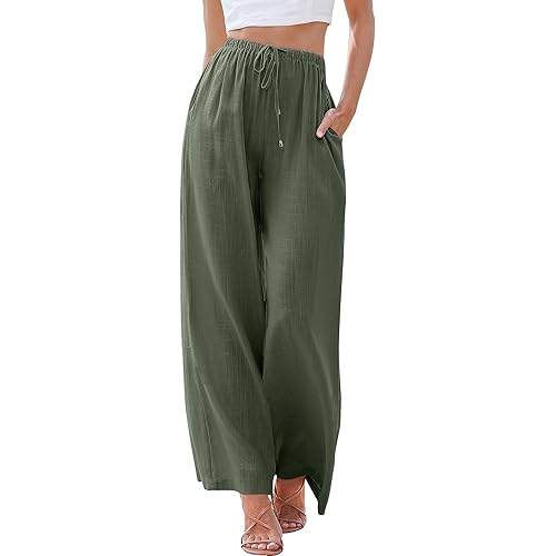 ANRABESS Women's Linen Summer Palazzo Pants Elastic Waist Casual Beach Trendy Wide Leg Trousers with Pockets