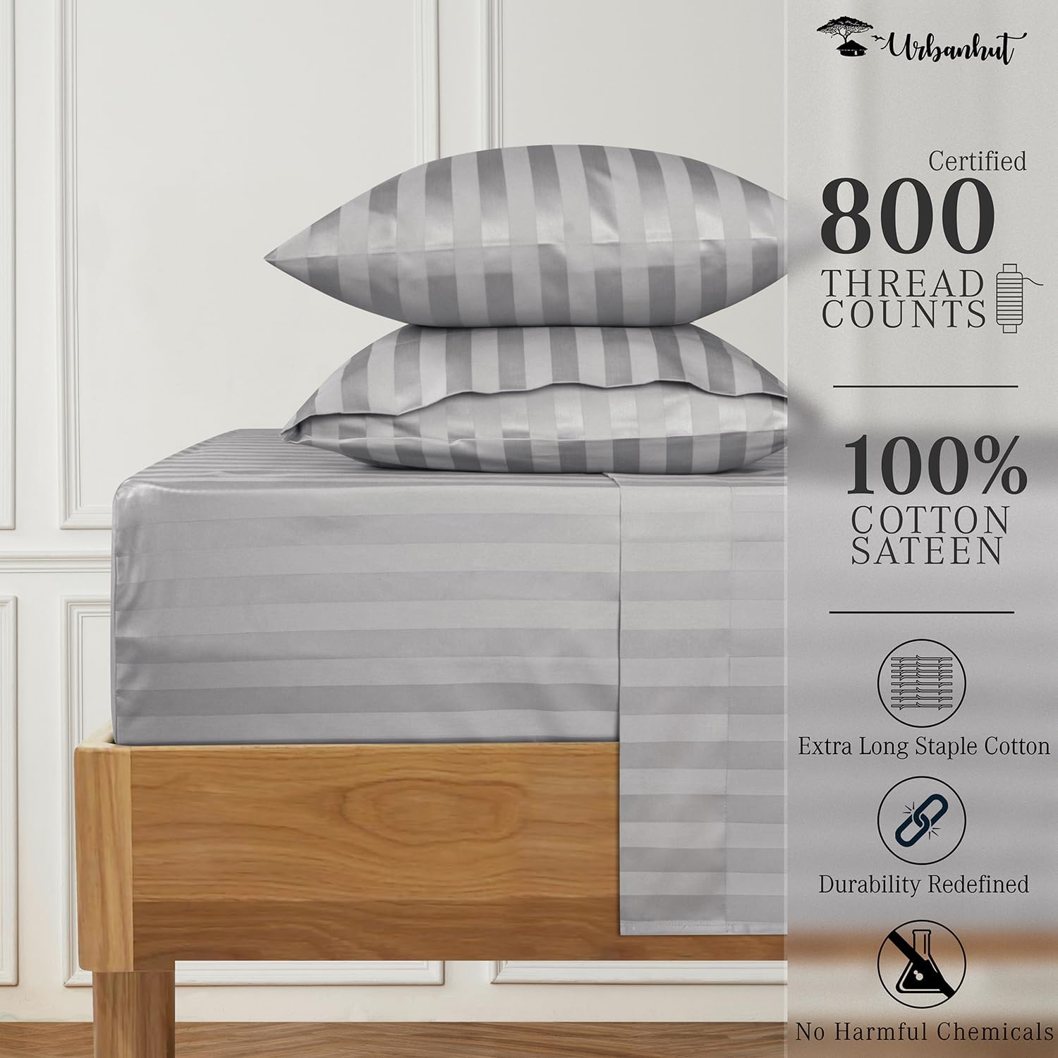 URBANHUT 800 Thread Count 100% Cotton Damask Queen Size Sheets, 4 Piece Striped Queen Size Bedsheets, Luxury Hotel Sheets Sateen Weave - Better Than Egyptian, 16" Elasticized Deep Pocket- Silver Grey