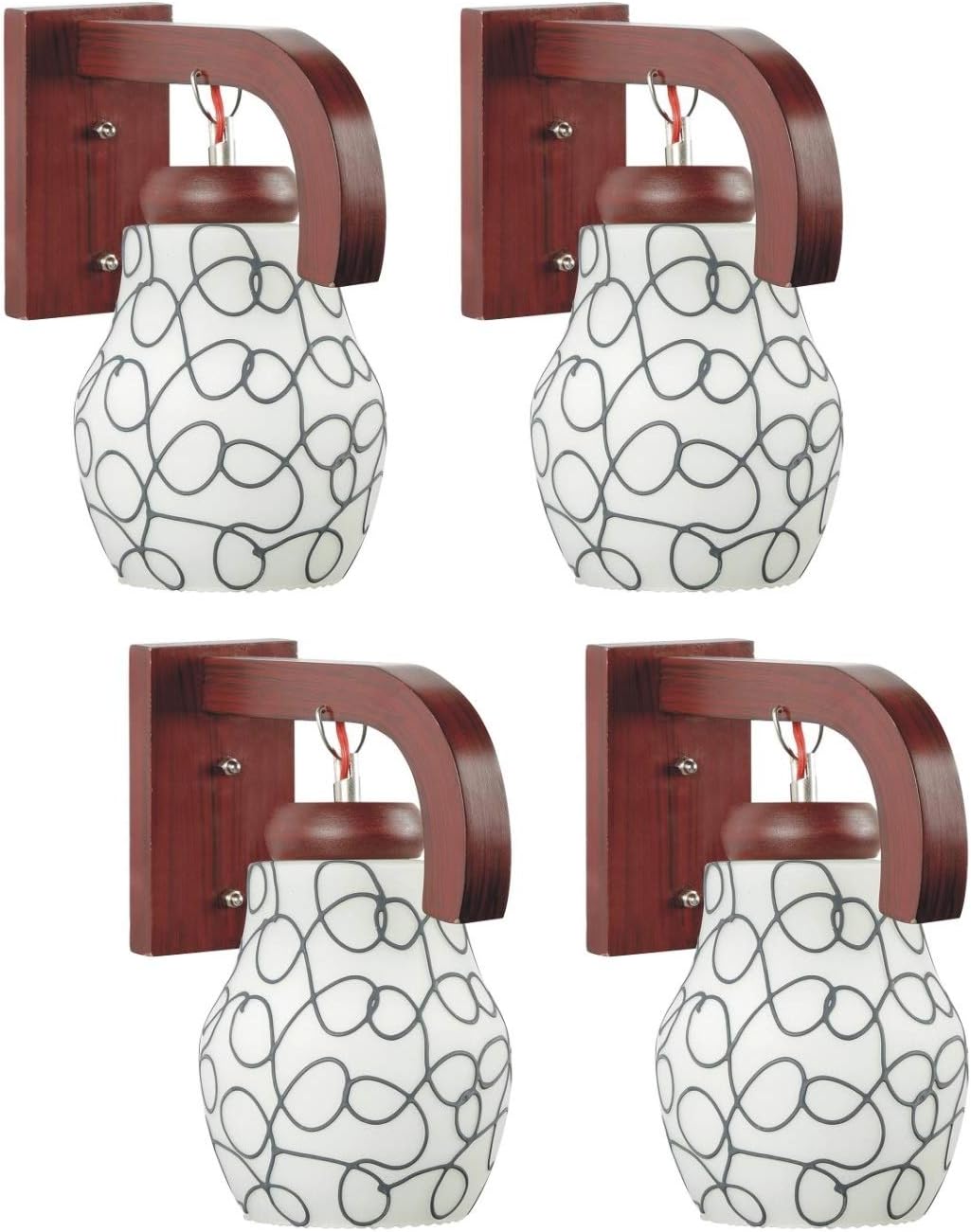 Somil Dark Red Wooden Pendant Wall Lamp with Hand- Decorated Colorful Glass Shade, Ideal for Indoor Lighting Decoration, Pack of 4, 19 X 31.5 X 29.5 CM