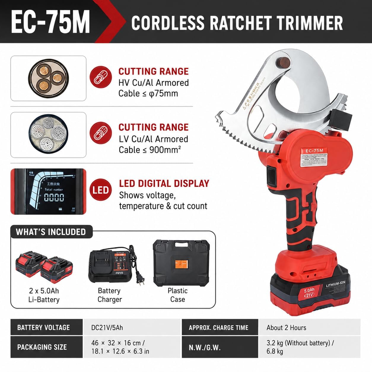 Coupe-câble hydraulique sans fil 95 mm EC-50M avec affichage LED (EC-5OM)