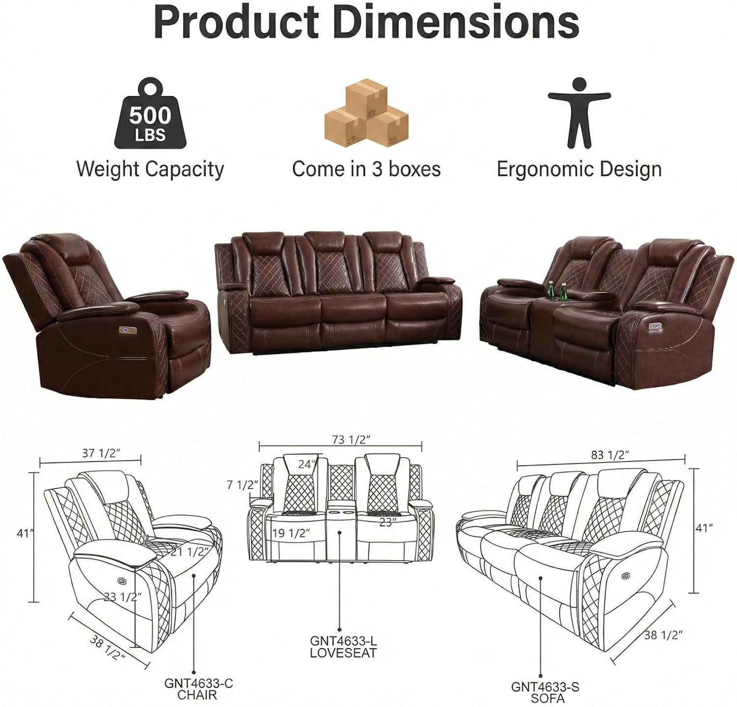 3-Piece Power Recliner Set with LED Lights, Air Leather Reclining Set with Coffee Table/Storage/Power Port, Modern Reclining Furniture for Living Room/Home Theater, Red Brown