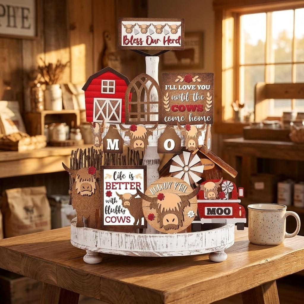 Highland Cow Tiered Tray Decor Set 20 Pcs Wood Rustic Farmhouse