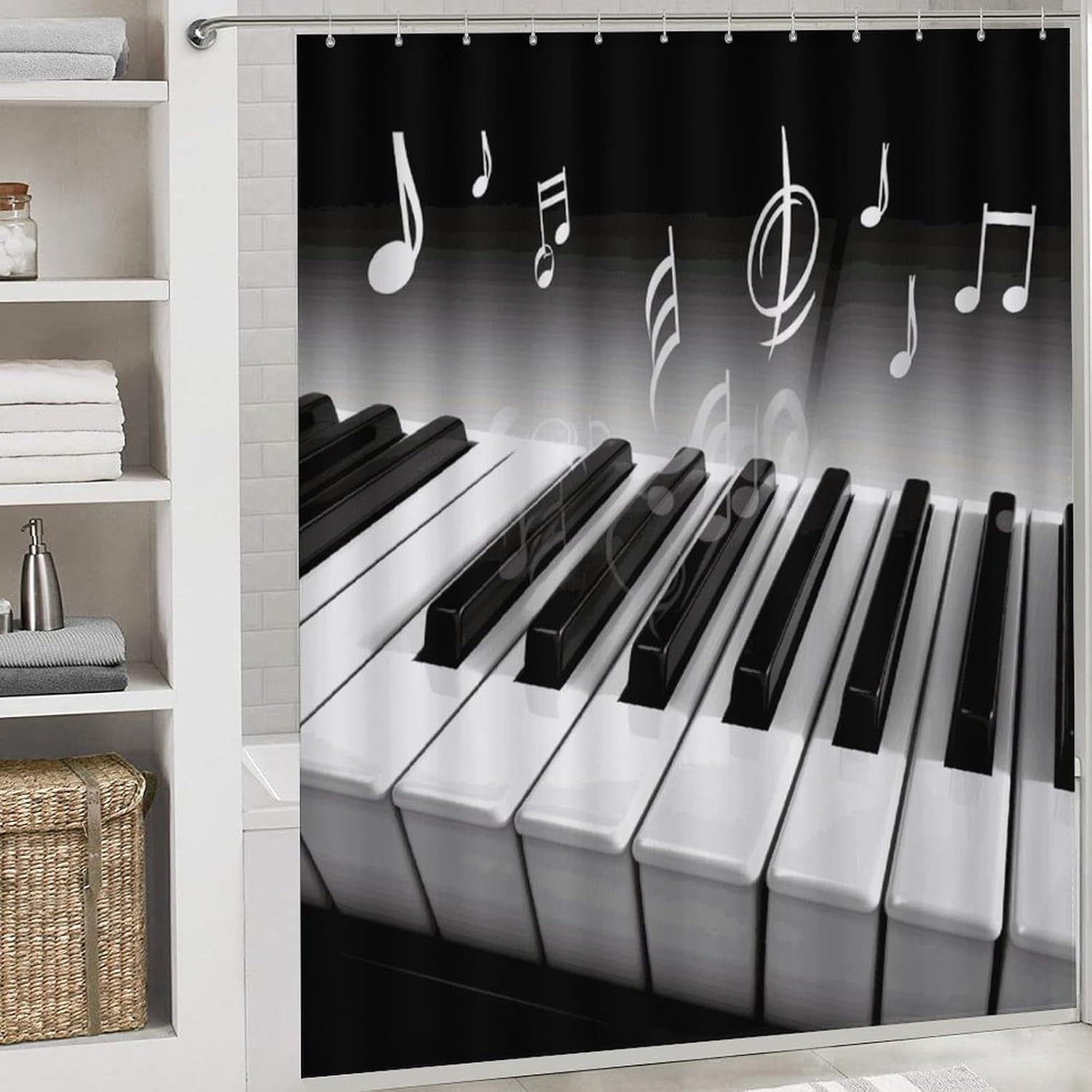 Piano Music Symbol Shower Curtain Set 4 Piece, Non-Slip Bath Mat with Toilet Lid Cover and Waterproof Shower Curtain with 12 Hooks, Complete Bathroom Set for Home Decor