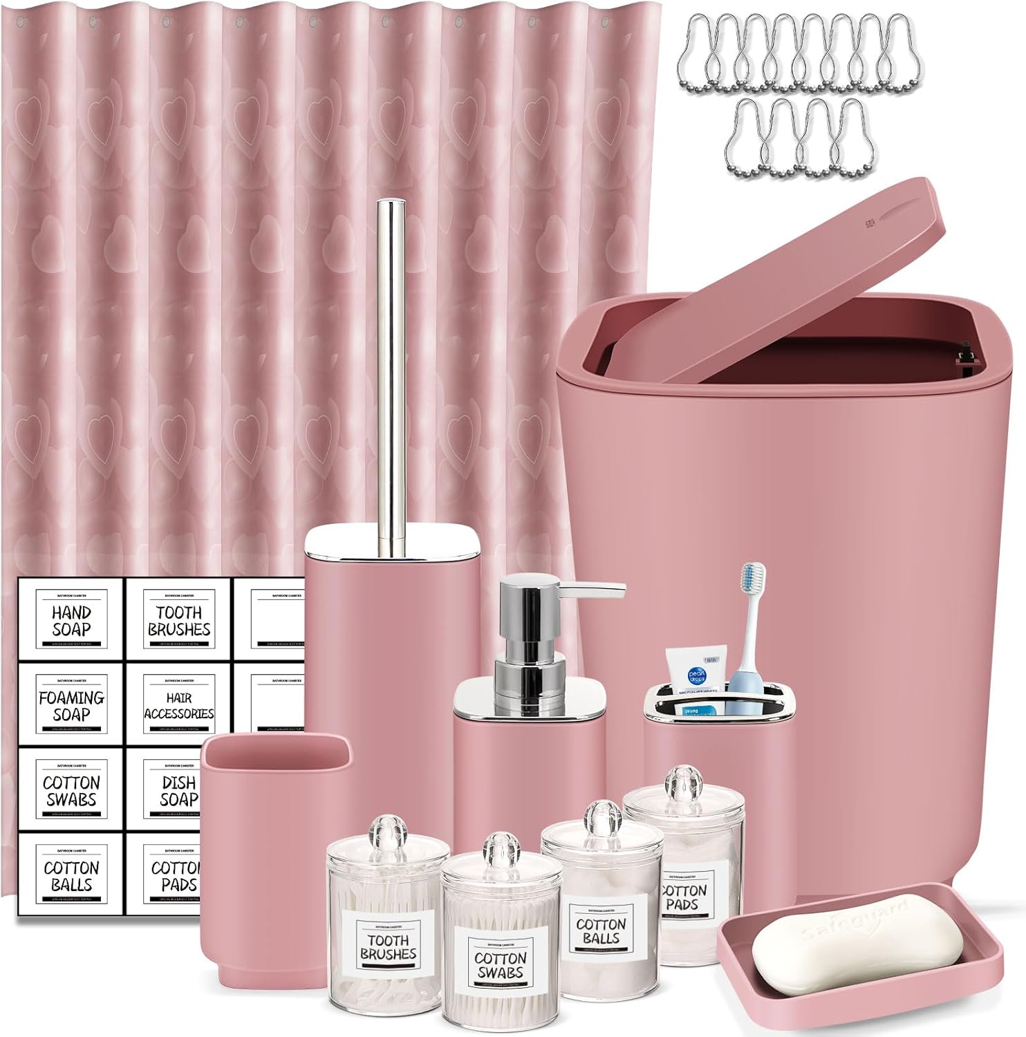 IMAVO Pink Bathroom Accessories Set with Shower Curtain,23 Piece Bathroom Set,Tray,Trash Can,Soap Dispenser,Soap Dish,Toothbrush Holder,Toothbrush Cup,Toilet Brush and Qtip Holders Pink 11 PCS Bathroom Set+Shower Curtain