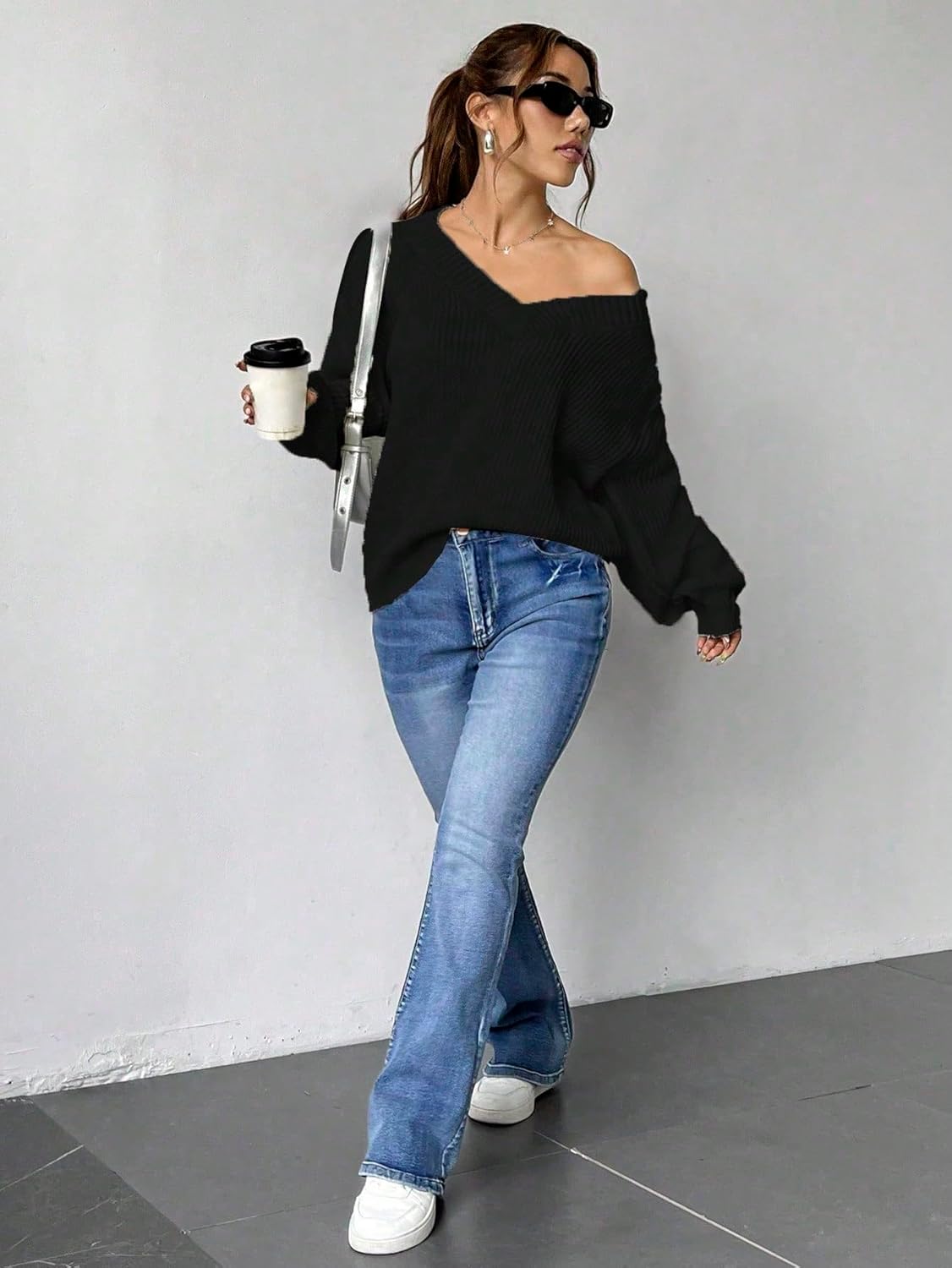 SKAYS Women's Casual V-Neck Sweater Drop Shoulder Long Sleeve Solid Color Knit Pullover - Image 6