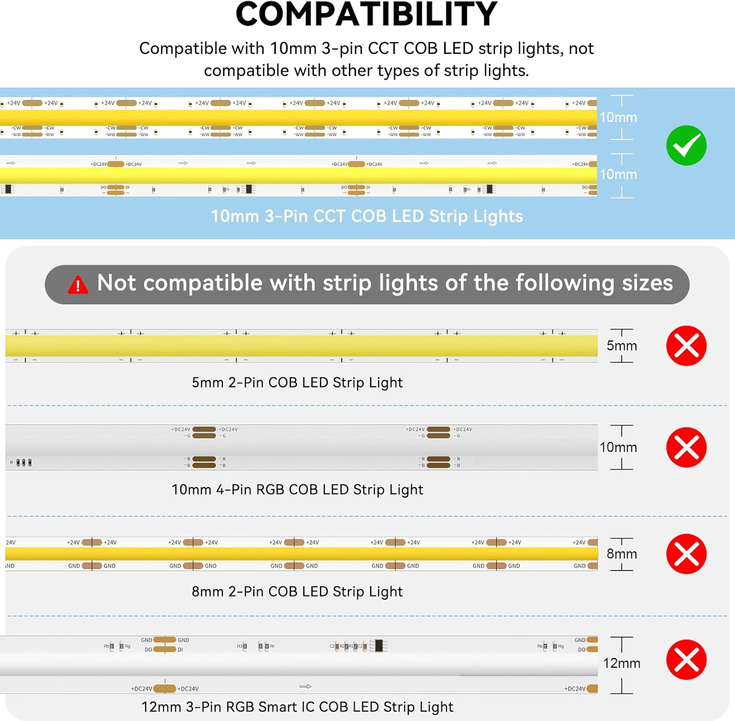 PAUTIX 10mm Connectors for 3-Pin CCT COB LED Strip Lights,20pcs Strip to Wire Connectors,10ft(305cm) Long 22AWG Extension 3 Wires for Non-Wired Gapless Solderless,5V 12V 24V LED Strip Lights Jumper - Image 7