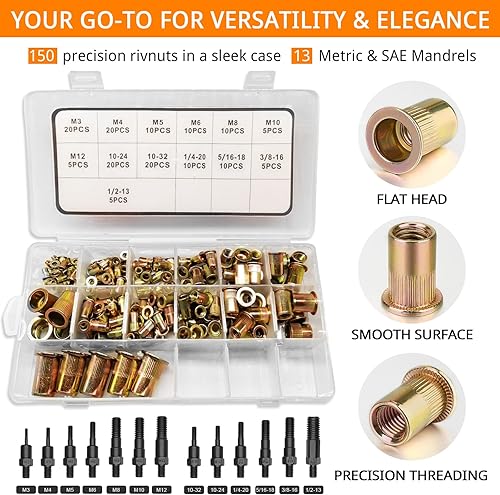 Miniatura 8 de SAE - Kit de tuercas remachables de 220 piezas, kit de tuercas remachables, kit de tuercas remachables, kit de tuercas remachables, cabeza plana