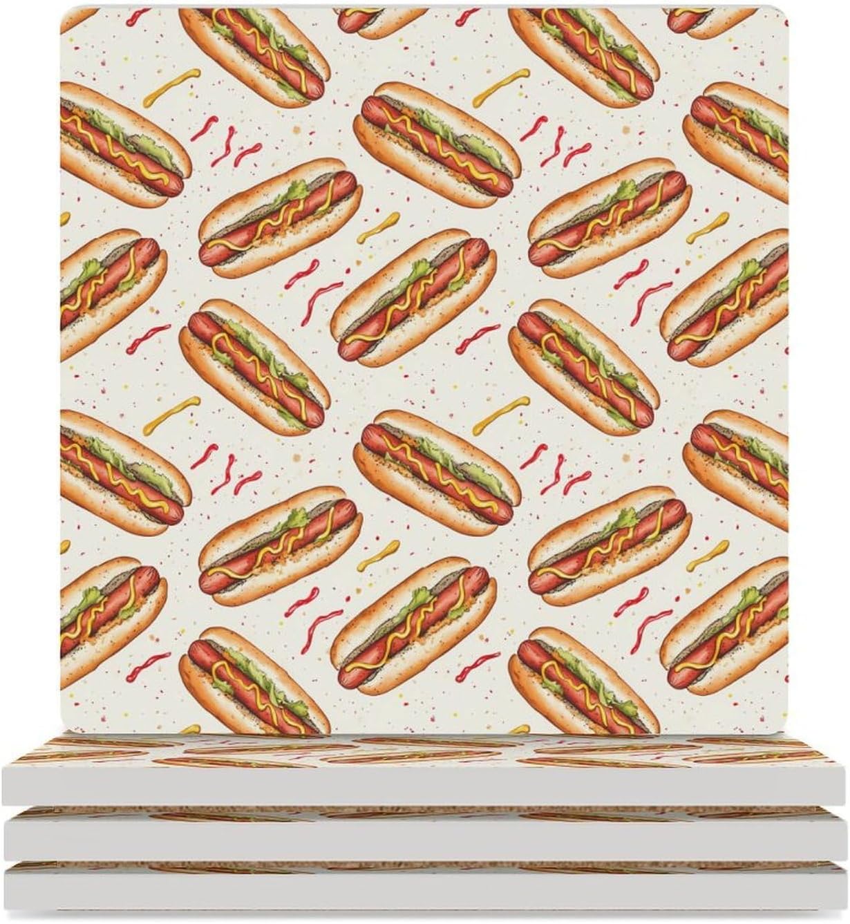 Hot Dogs Funny Ceramic Coasters for Drinks Absorbent Cup Holder Tabletop Protector with Cork Base