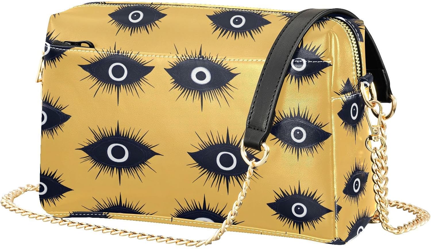 Women Crossbody Bag Shoulder Handbag Cellphone Purse PU Leather Metal Chain Strap Water Resistant Zipper Closure Evil Eye Black Print