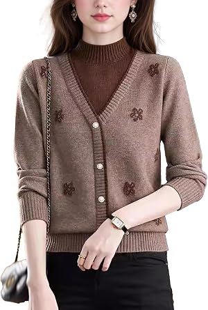 Womens Turtleneck Layered Look Sweater Contrast Button Up 2 in 1 Pullover Tunics Tops