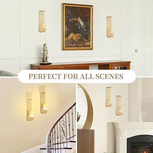 Miniatura 6 de Sziqiqi Juego de 2 Candelabros Dorados de Pared para Decoración - Soporte Rústico de Vela de Pilar de Pared para Decoración de Pared de Pasillo