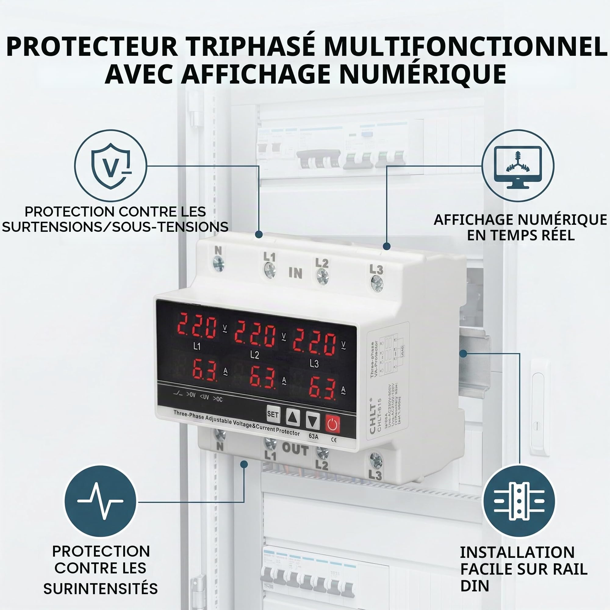 Protecteur de Sous-Tension triphasé, Protecteur de surintensité Protecteur de Sous-Tension triphasé Relais de Surveillance de Tension monté sur Rail DIN Protecteur de
