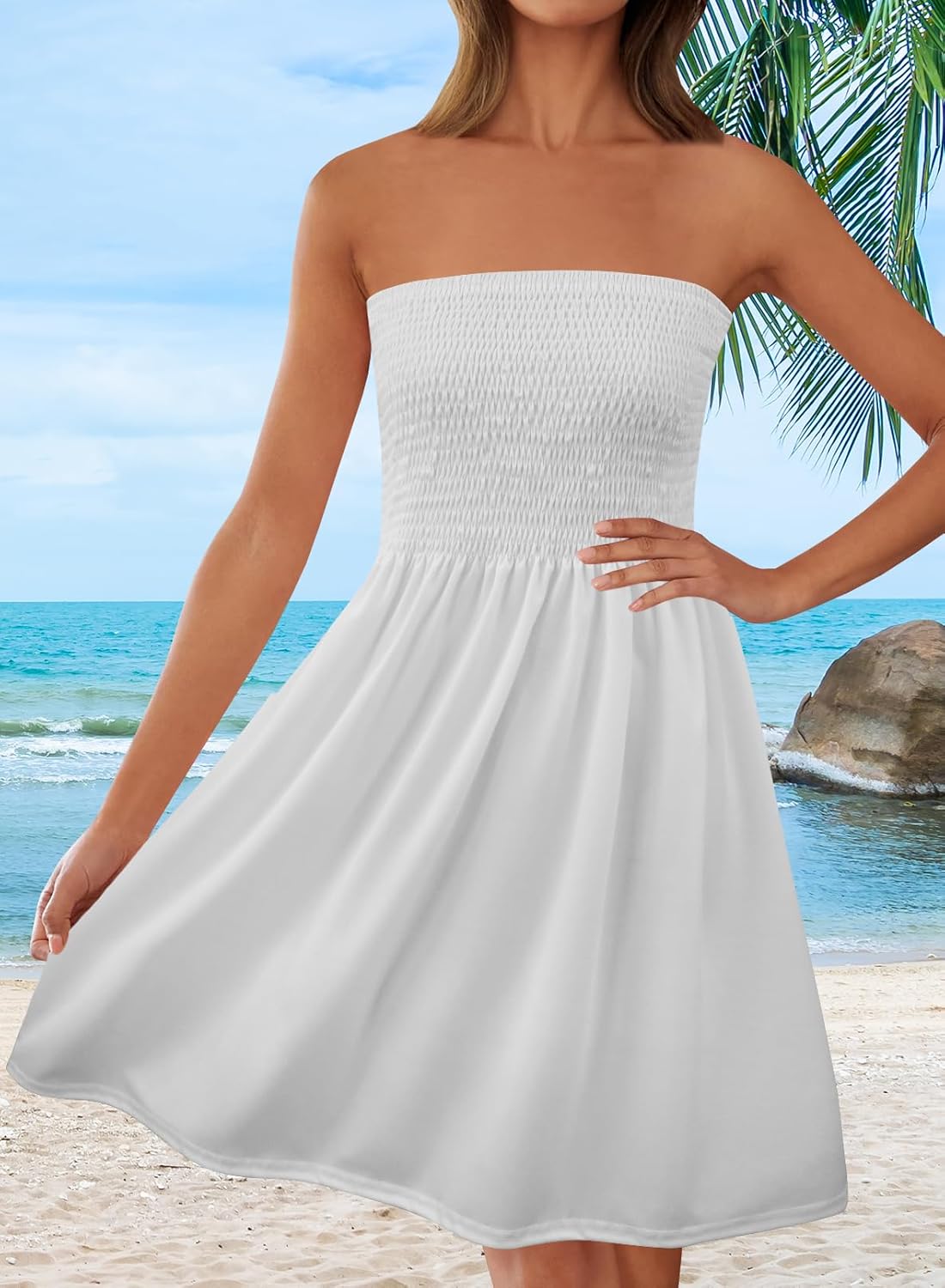 Zyyfly Tube Top Dress Women Summer Beach Coverup Stretch Smocked Strapless Dress - Image 4