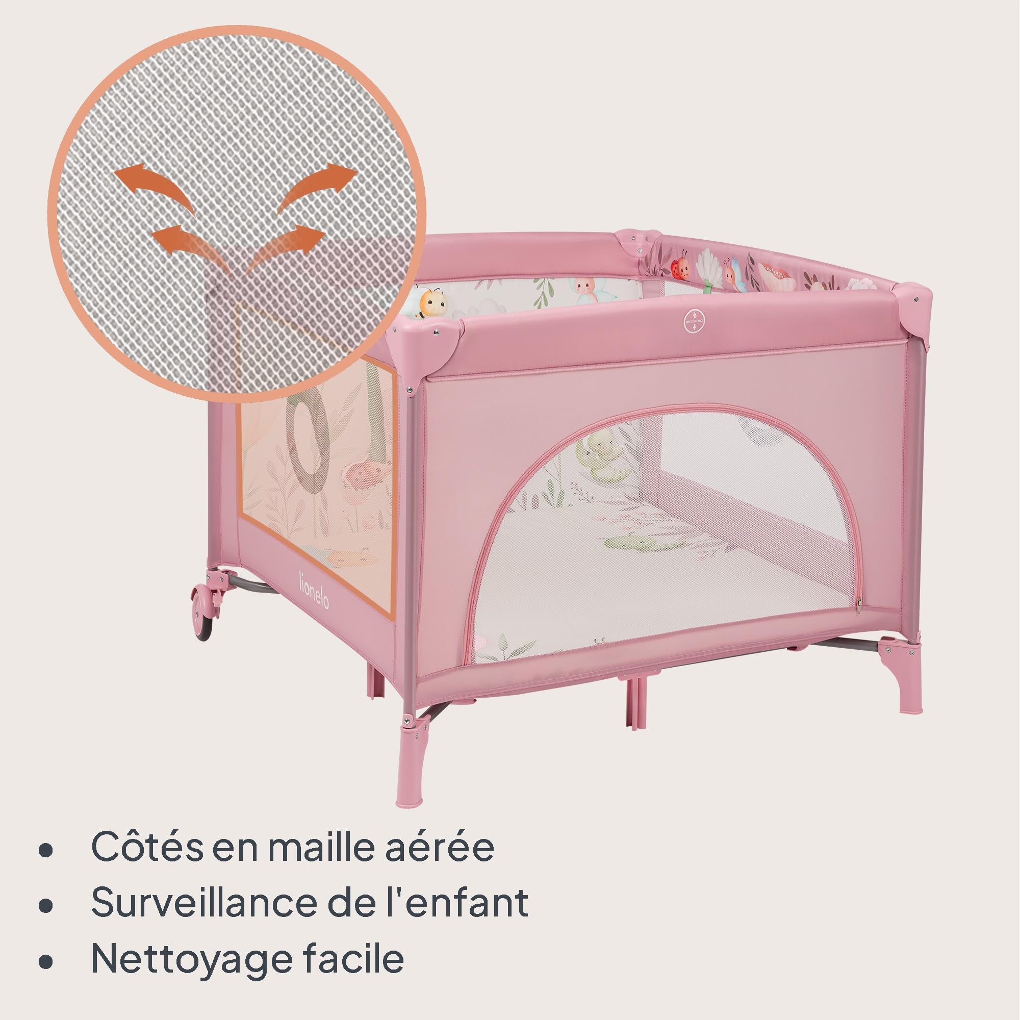 LIONELO MILLE PLUS Parc pour bébés 2-en-1 et jusqu’à 15 kg, de 0 à 36 mois, Entrée latérale, Matelas 3D, 2 roues avec frein, Pliable, Sac de transport inclus