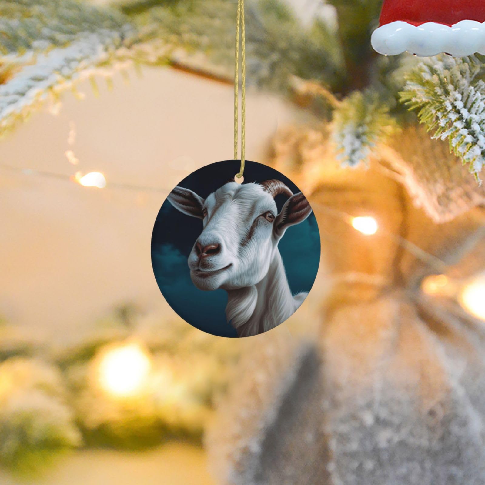 Christmas Ornaments for Christmas Tree Decoration Ceramic Hanging Goat Ornament with Gold Ribbon Crafts Round Pendant for Keepsake Gifts Glass Xmas Decor Party Supplies