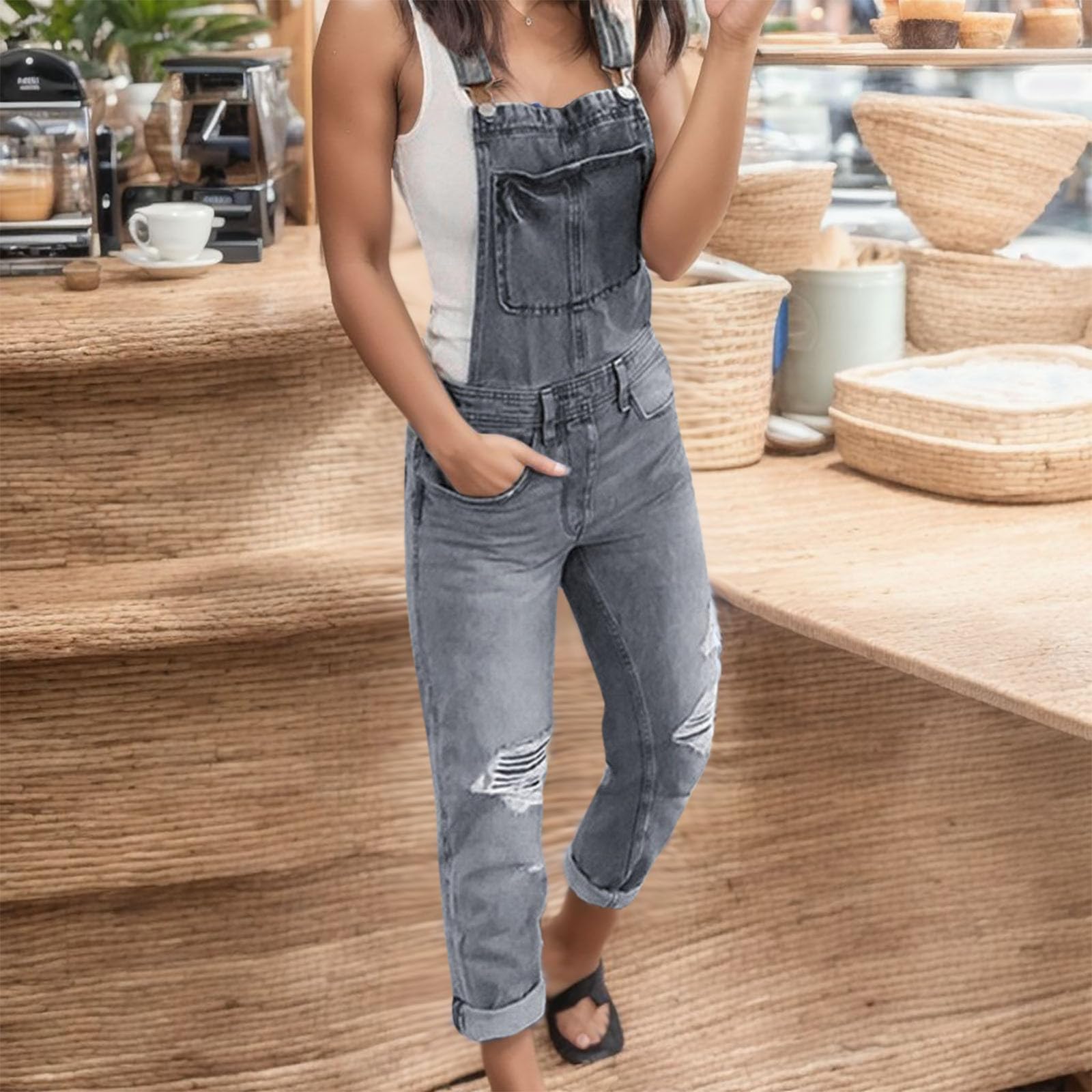 Latzhose Damen - Lässige Damen Overalls Denim mit Rippenbesatz -Optik für einen entspannten Freizeitlook