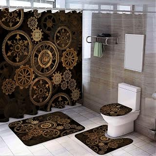 Golden Industrial Gear 70" Shower Curtain Set 4 Pcs Steampunk Style Bathroom Set Clocks Theme Bath Rugs Men Mechanical Device Toilet Lid Cover Bath Mat Z06031