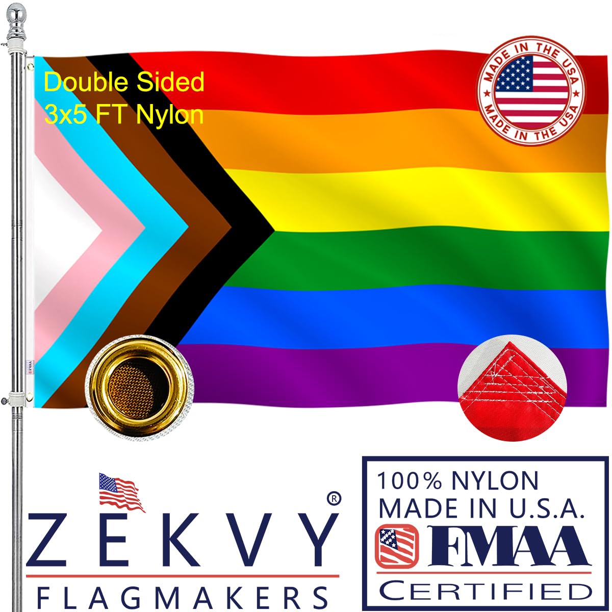 ZEKVY Pride Flag 3x5 Outdoor Made in USA - Double Sided Heavy Duty Nylon Vivid Color LGBTQ Flag with 2 Brass Grommet