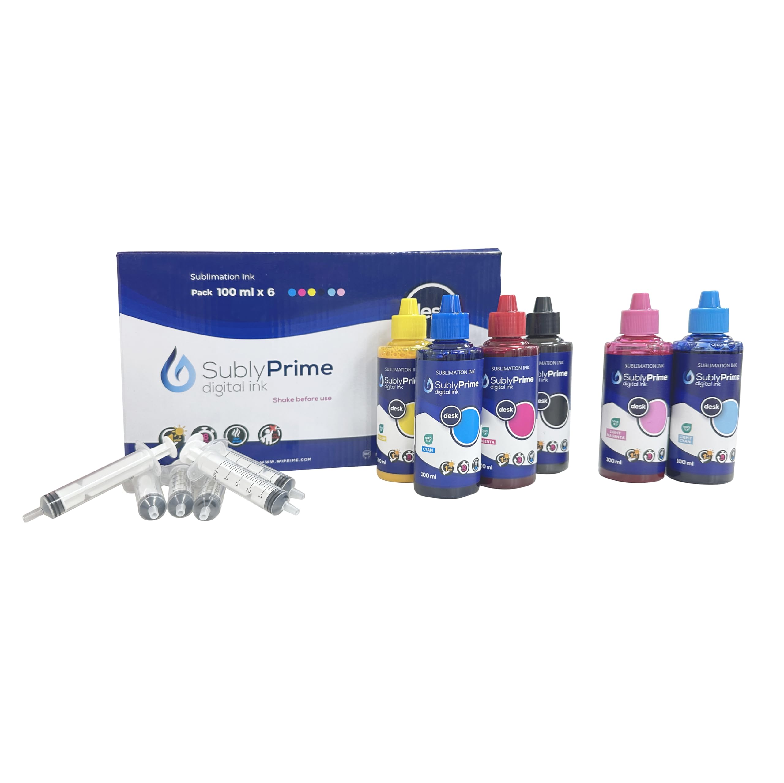 WIPRIME Sublimation Ink Refill Set – 6 Vibrant Colors (Cyan, Magenta, Yellow, Black, Light Cyan, Light Magenta) – 100ml Bottles with Syringes & Gloves