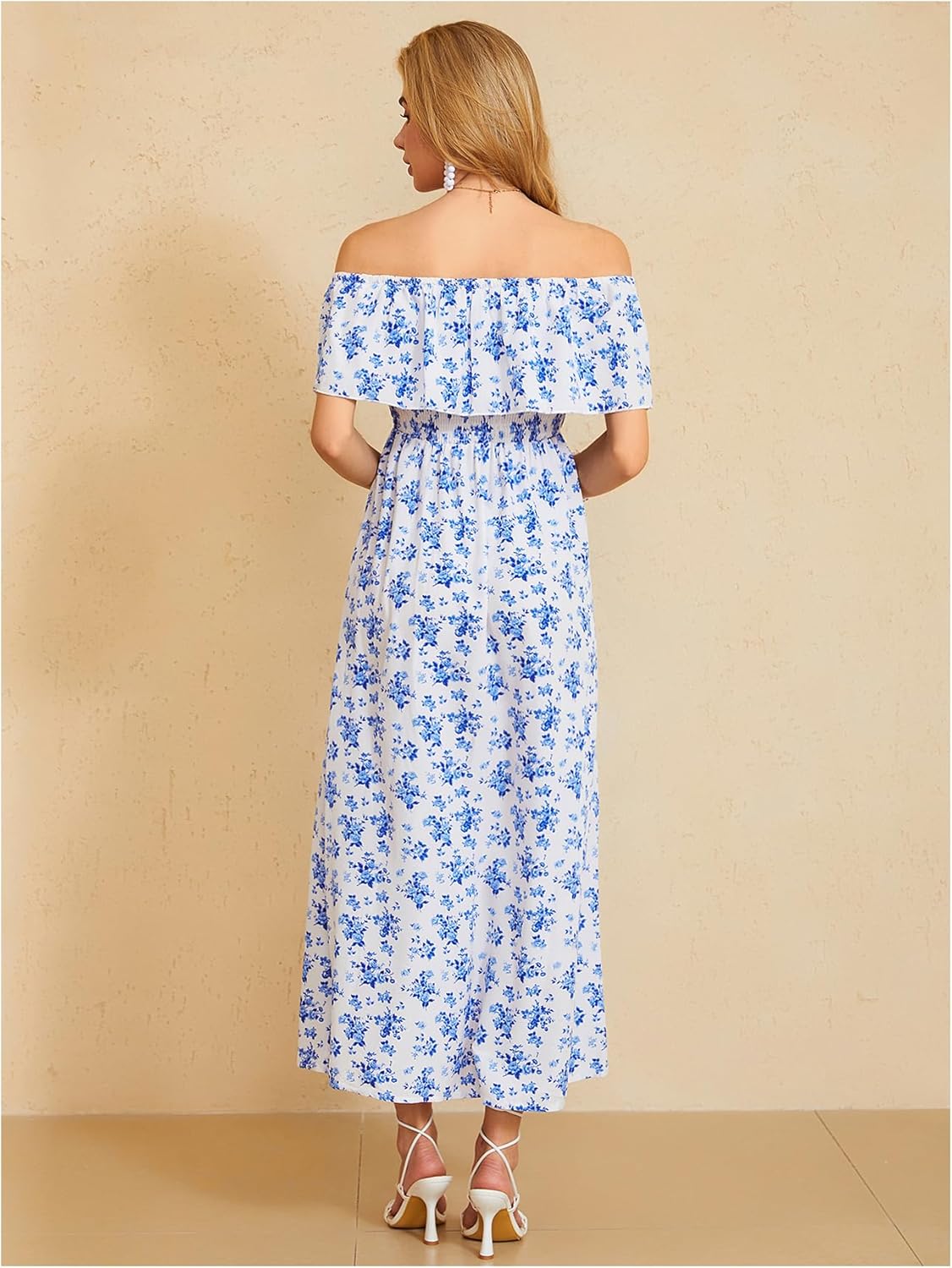 MakeMeChic Women's Floral Print Boho Summer Dress Off Shoulder Shirred Split Thigh Midi Long Dresses - Image 2