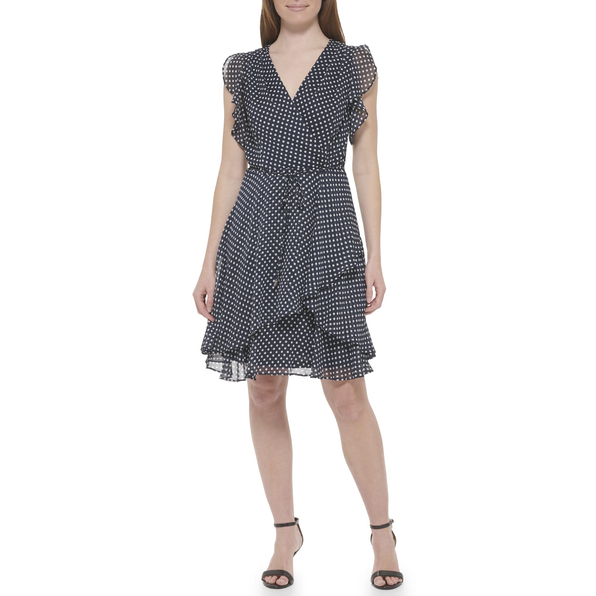 Tommy Hilfiger Sleeveless Knee-Length Faux Wrap Chiffon Dress Vestito Casual Donna