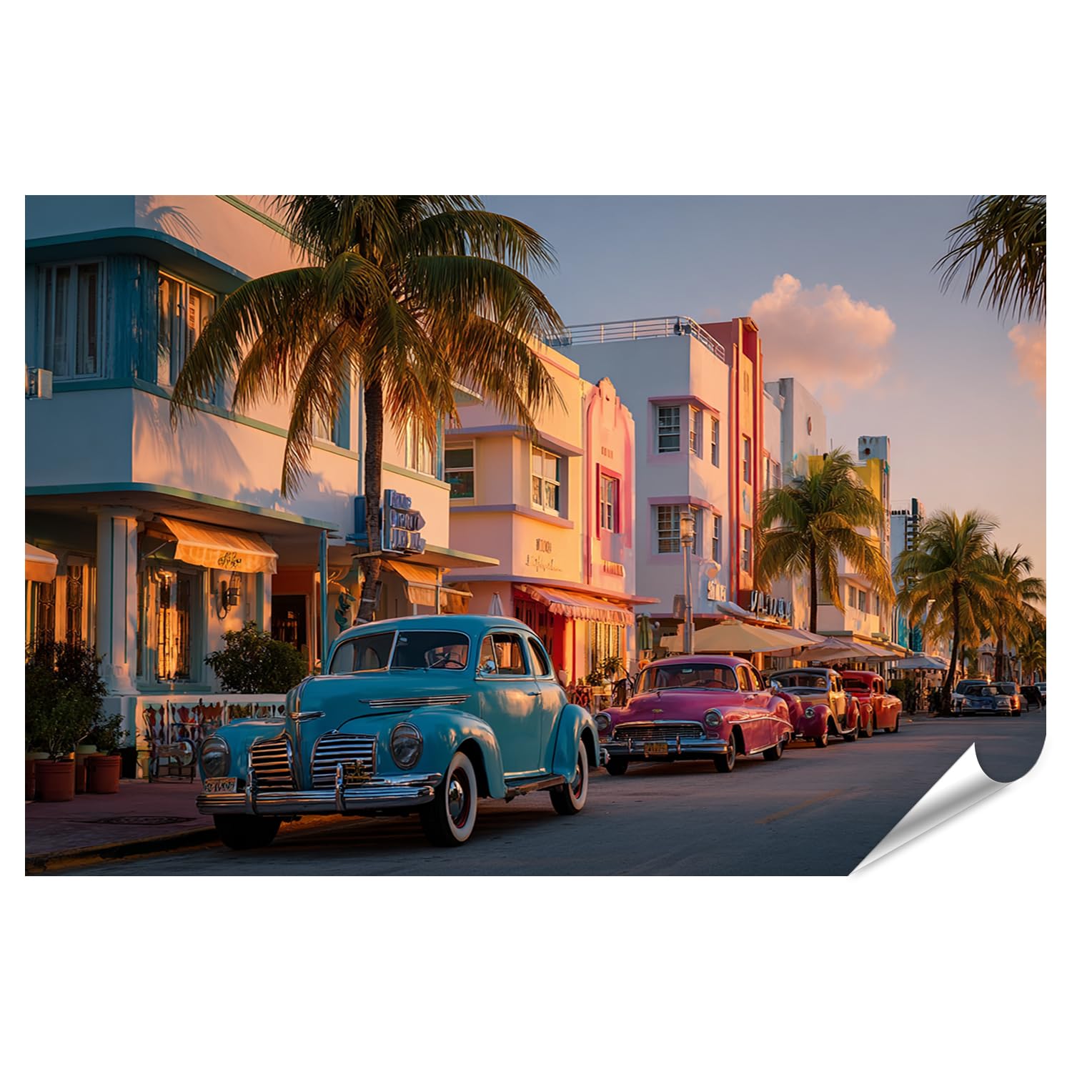 islandburner Poster de qualité supérieure - Quartier d'art déco coloré à Miami au coucher du soleil - Grand format