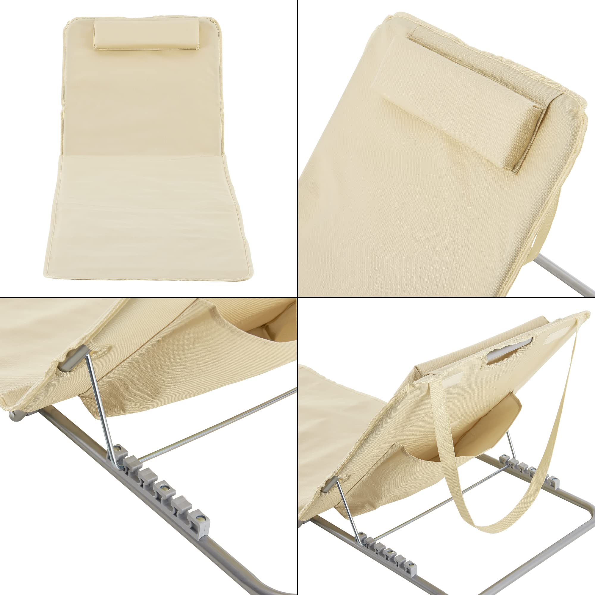 [en.casa] Set 2 Materassini Prendisole Pieghevoli Schienale Reclinabile 5 Posizioni Poggiatesta Tasca Posteriore Lettini per Spiaggia Giardino Campeggio con Borsa Trasporto - Beige