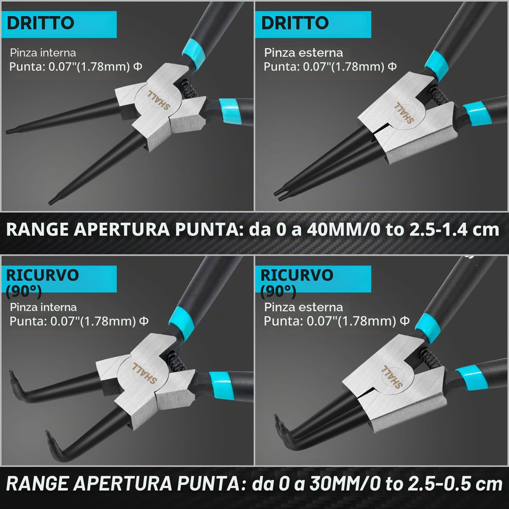 SHALL Pinze per anelli elastici, 4 pezzi da 7 pollici - Pinze per anelli elastici interni ed esterni dritti/piegati (punte a 90°), manici antiscivolo