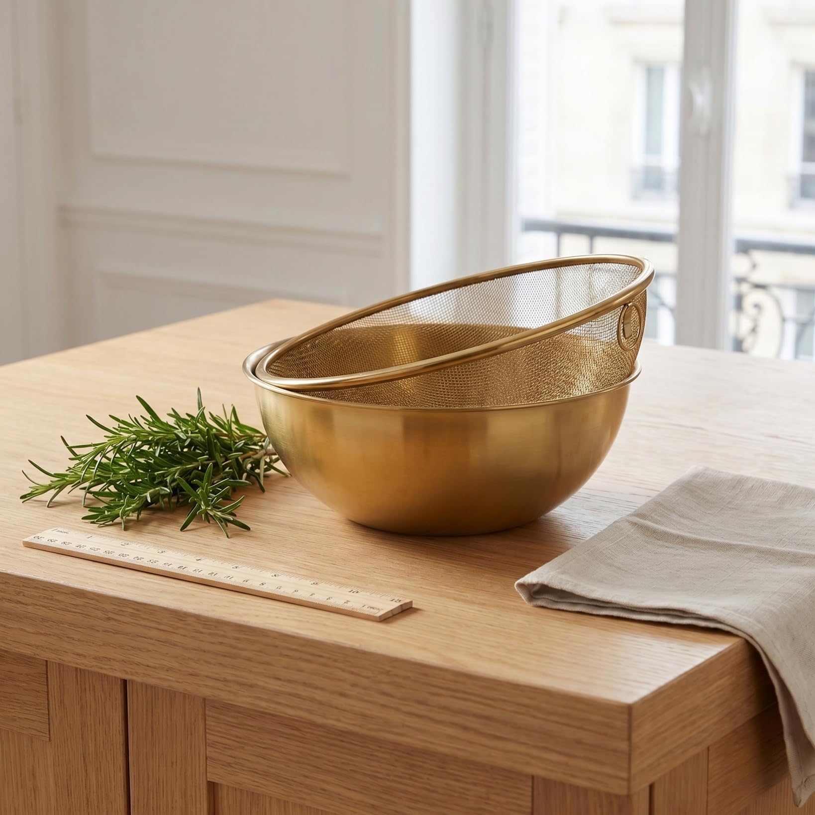 Cabilock Colador de acero inoxidable dorado de 24 cm con malla fina, cesta escurridora redonda para lavar y escurrir arroz, frutas, verduras y pastas, tamiz de cocina para fregadero y preparación