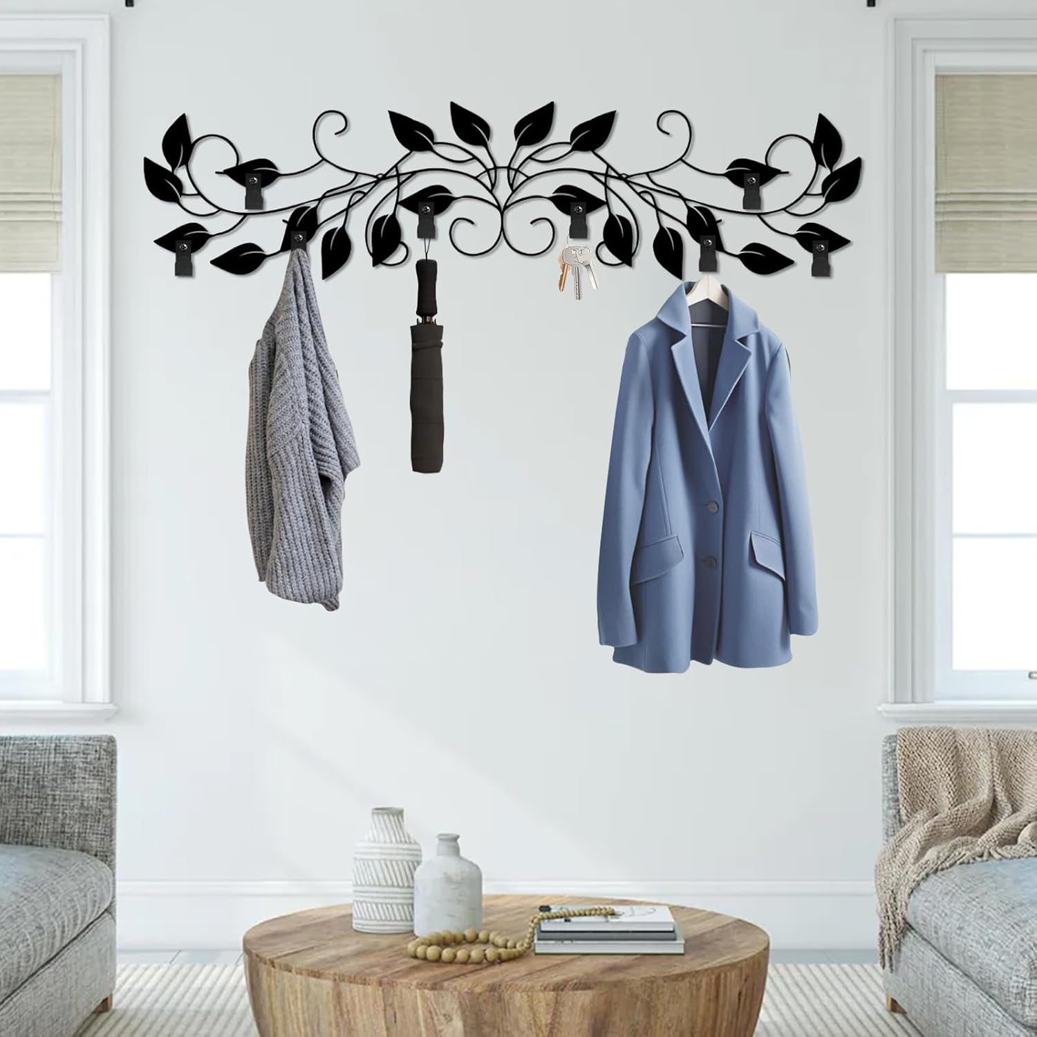 Leaf Vine Coat Rack, Tree Branch Wall Mount, Rustic Botanical Wall Decor, Nature Coat Hanger for, Hats, Bags, Keys, Farmhouse Home Decor for Entryway, Mudroom, Hallway (Black, 53" L x 13" W)