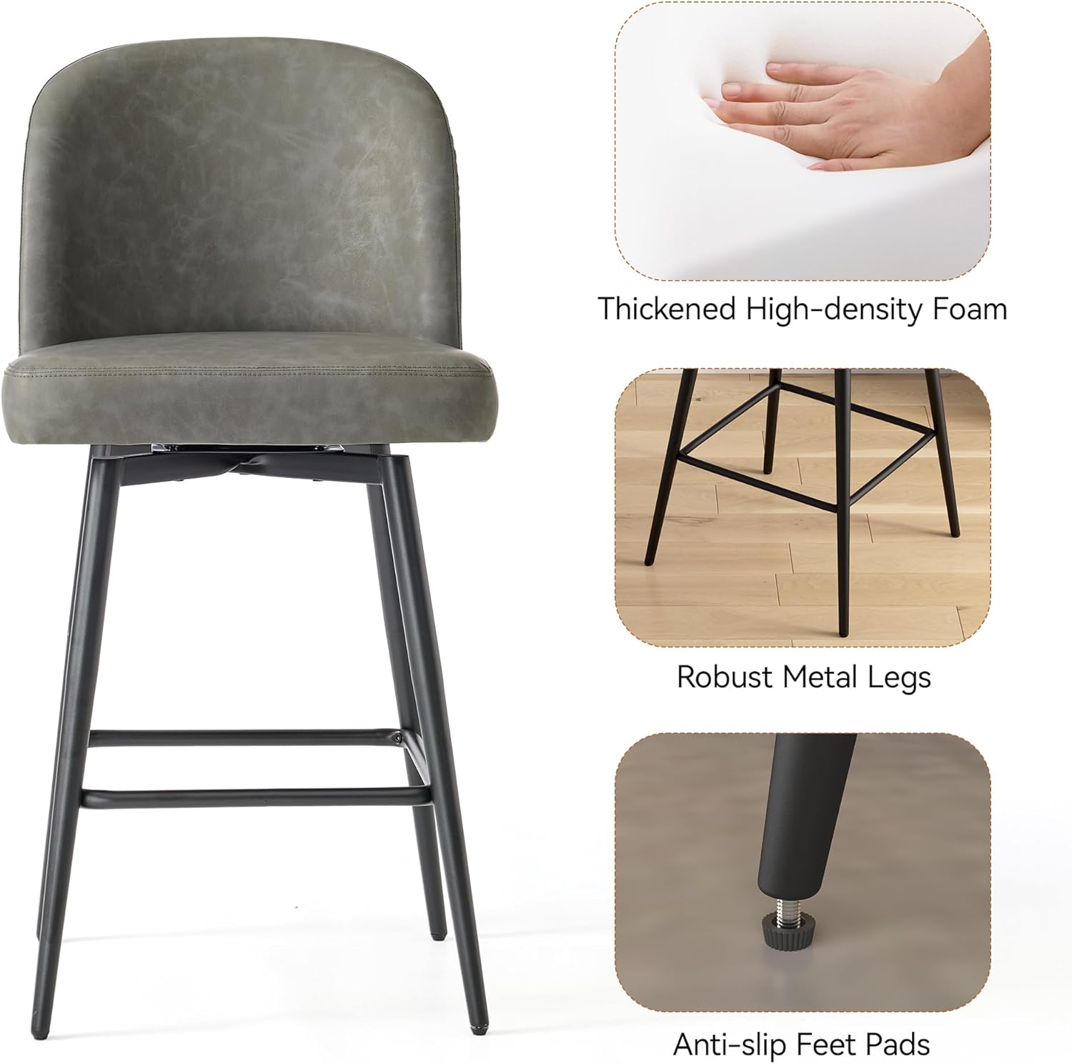 Counter Height Bar Stools Set of 2, 26.9" H Seat Height Swivel Upholestered Barstools with Back and Metal Legs for Kitchen Island, Faux Leather in Retro Grey