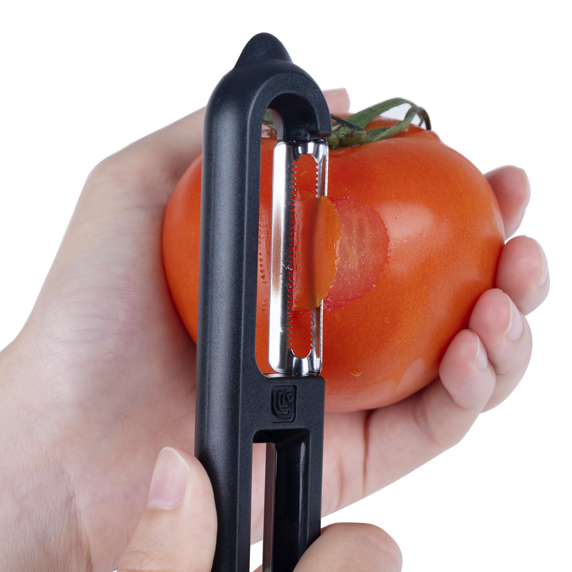 Linoroso Pelapatate Professionale Seghettato di Tipo I con Punta per Pela Patate e Verdura Frutta, Affilato e Liscio, Impugnatura Confortevole - Nero Classico