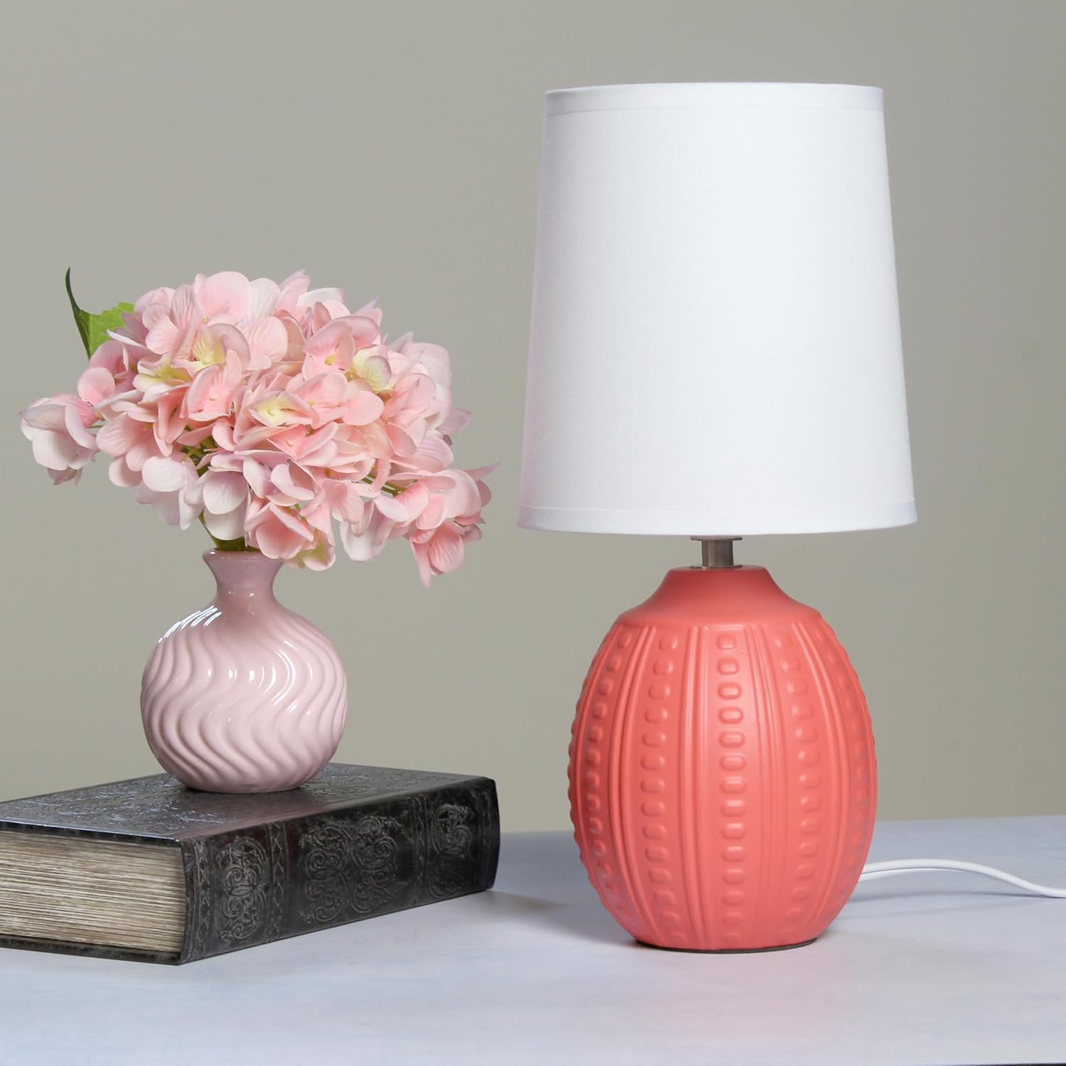 Simple Designs LT1163-ORG 12.5" Chic Glow Mini Textured Oval Table Lamp, for Bedroom, Office, Living Room, Stylish Spaces, Dorm, White Fabric Shade,Orange