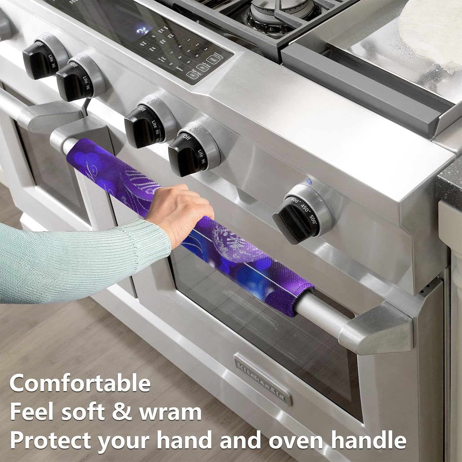 Boccsty Christmas Balls Purple Refrigerator Door Handle Covers 2 Pcs Snowflake Kitchen Appliance Decor Handles Fridge Protector Gloves Ovens Door Cloth for Stove Dishwasher Microwave