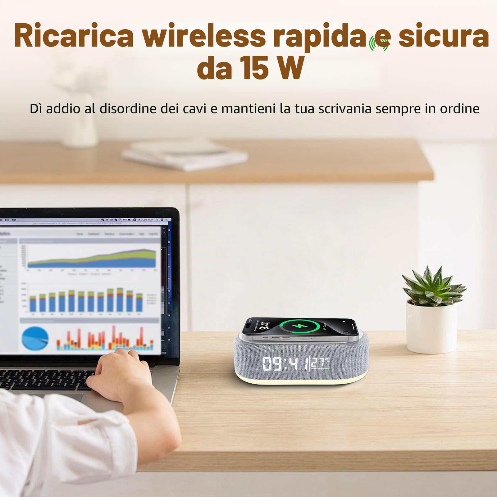 4 In1 Sveglia Digitale, Caricatore Wireless, Sveglia intelligente con orologio, termometro e luce LED, luminosità regolabile