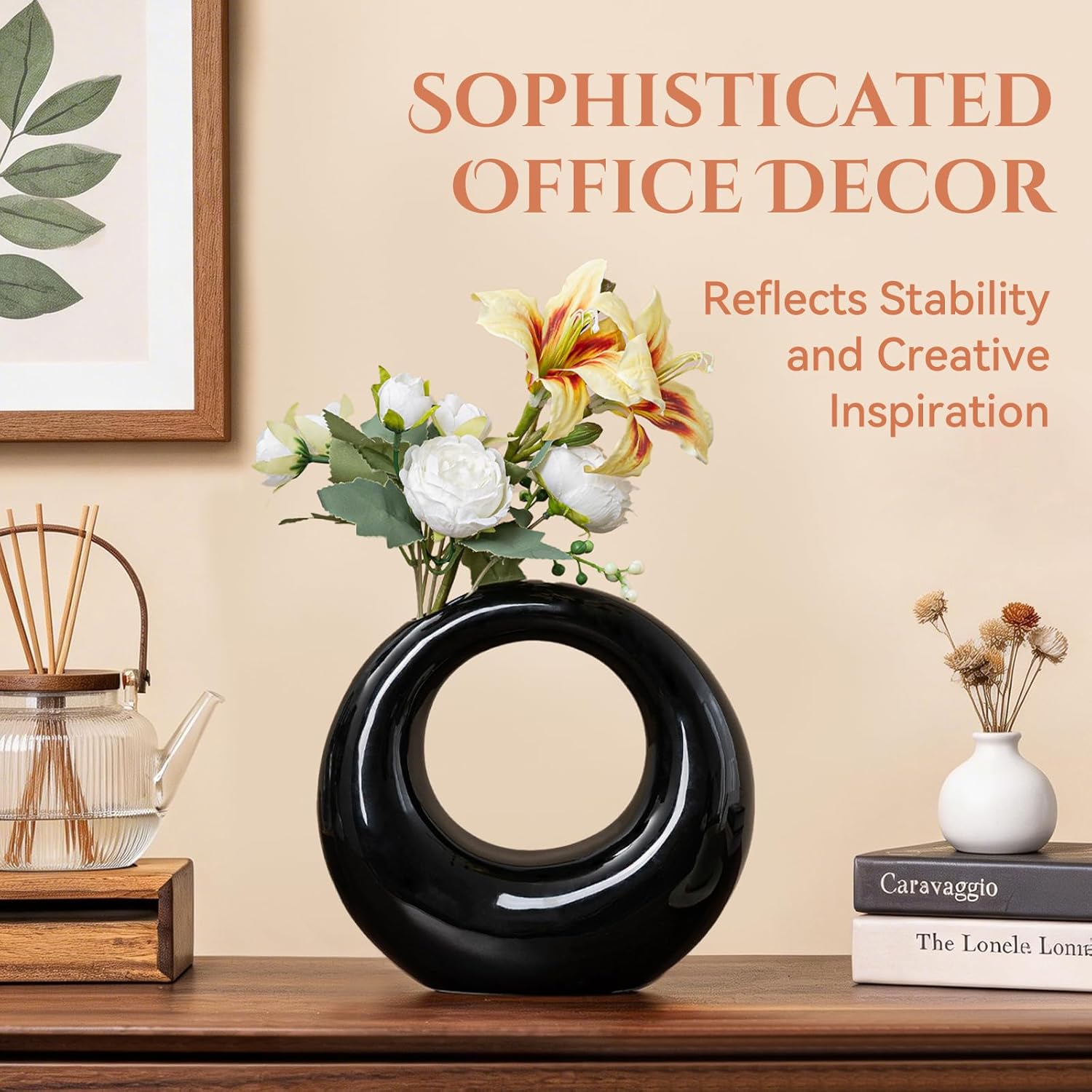 High-end Ceramic Vase for Home Decor – Modern Black Artistic Flower Vase for Living Room, Office & Gift – Elegant Decorative Vase for Bouquets, Pampas Grass, and Centerpieces (9")