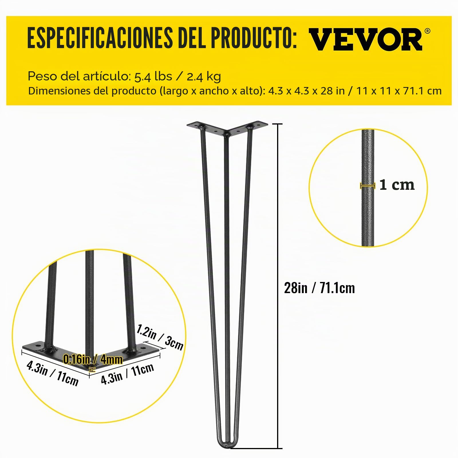Happybuy Patas para Mesas de Acero al Carbono, Conjunto de Patas de Mesa Altura de Pata 41-102 cm, Patas para Muebles con 4 Pies de Goma, Patas de Mesa con Capacidad de Carga 100 kg (71,1)