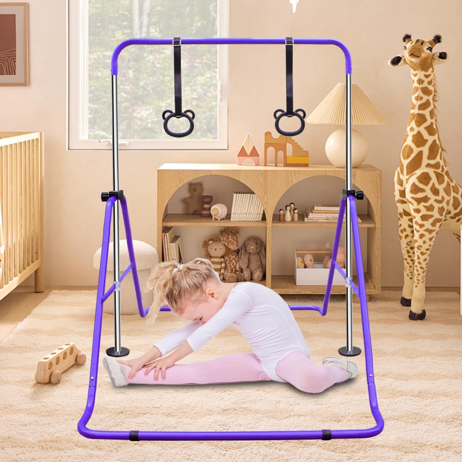 Pink Multi-Functional Adjustable Height Children's Horizontal Gymnastic Bar with Bear Rings